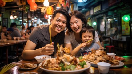 Portrait of happy and funny middle Asian couple on vacation on food street in city, Generative AI