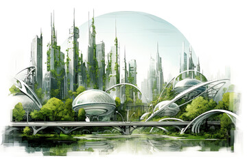 Futuristic city sketch drawing. Sustainable, green energy concept. Poster, wall art design.Generative Ai