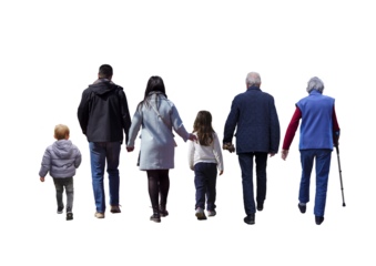 groupe familial vu de dos qui marche ensemble en plein air : enfants, adultes et personnes âgées réunis pour une promenade hivernal