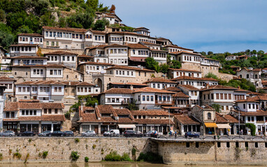 traditional balkan houses in historic old town of berat albania - obrazy, fototapety, plakaty