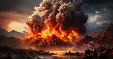 Fototapeta na wymiar Fiery Eruption: Volcano Spews Ash and Lava