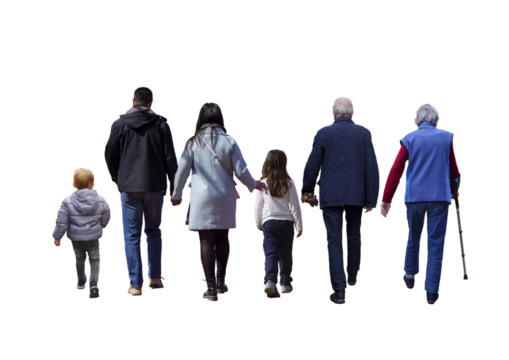 groupe familial vu de dos qui marche ensemble en plein air : enfants, adultes et personnes âgées réunis pour une promenade hivernal