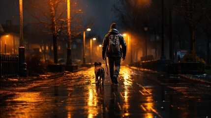 young man walking at night with his dog on way the middle night