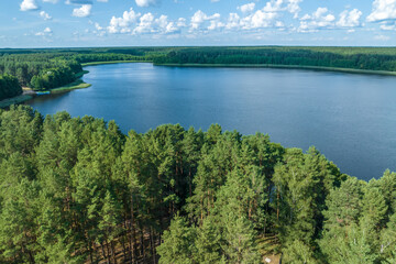 panorama aerial view over lake among forest