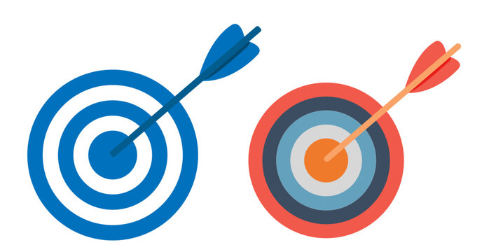 Isolated image of two arrows pointing towards a central bullseye target on a white background