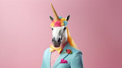 Funny A horse Unicorn wearing a suit and a jacket for birthday party or contents , copy text space. on colorful pastel background.