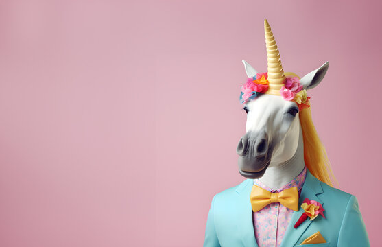 Funny A horse Unicorn wearing a suit and a jacket for birthday party or contents , copy text space. on colorful pastel background.