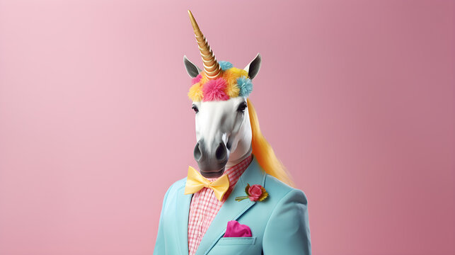 Funny A horse Unicorn wearing a suit and a jacket for birthday party or contents , copy text space. on colorful pastel background.