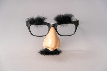 Black pair of glasses with a fake nose and black fuzzy mustache