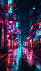 Fototapeta na wymiar Bright Tokyo Street at Night. Generative ai
