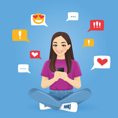 Young beautiful smiling woman using mobile phone sitting with crossed legs isolated on blue background vector illustration