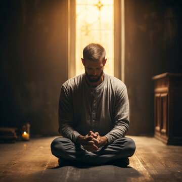 A serene image of a person kneeling in prayer, hands folded in devotion Generative AI