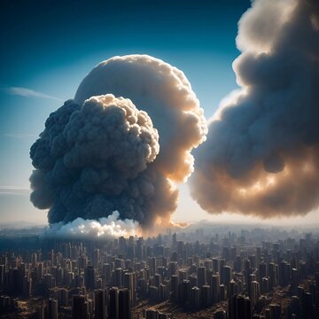 A nuclear Atomic bomb explosions In the futuristic city on daylight sky generative ai illustration art