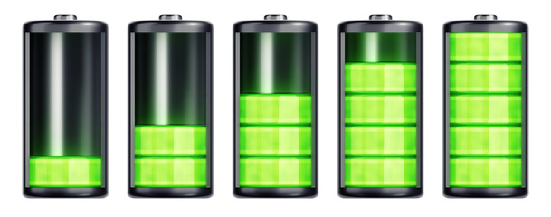 Process of Charging a Battery. A series of graphic representations of an abstract battery with inbuilt green indicator of a charge in progress. 3D-rendering graphics isolated on transparentbackground.