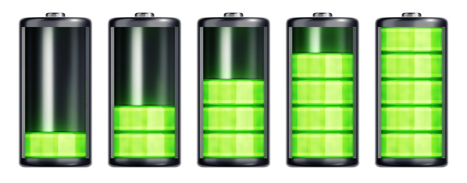 Process of Charging a Battery. A series of graphic representations of an abstract battery with inbuilt green indicator of a charge in progress. 3D-rendering graphics isolated on transparentbackground.