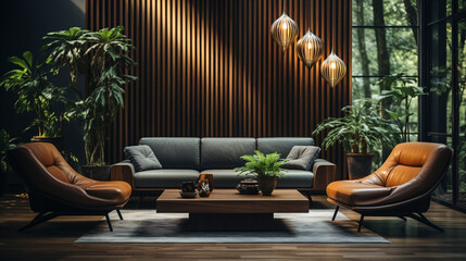 A luxury living room with vertical wooden slats on the back wall. Decorated with neon lights integrated with wall design, wall lights and indoor plants.
 - obrazy, fototapety, plakaty