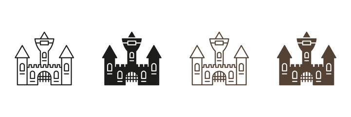 Vampire Dracula Castle Line and Silhouette Icon Set. Scary Dark Old Building for Halloween Celebration Black and Color Symbols. Gothic Spooky House Pictogram. Isolated Vector Illustration