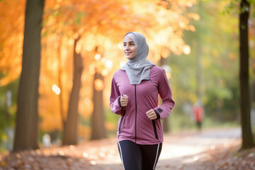 An active jogger she wears her hijab while running in the park enjoying the fresh air and vibrant colors..
