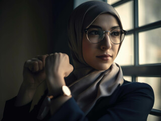 A determined businesswoman in a hijab her ambition giving her the strength to achieve her goals..