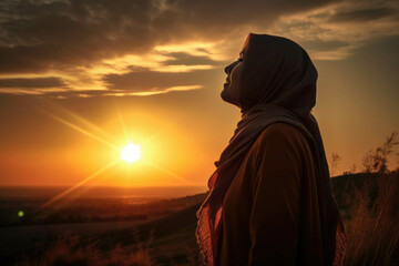 A Muslim woman in hijab stands brightly against the sunset radiating joy and contentment as she spends time with her beloved ayah..