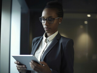 A side profile of a business woman with a digital tablet in hand representing how technology is an essential element of efficient business.