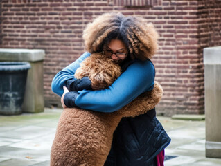 An adult with autism being embraced by their emotional support animal in a courtyard..