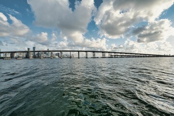 Fototapeta na wymiar Stunning aerial view of the Biscayne Bay Miami, Florida from the calm waters of the bay
