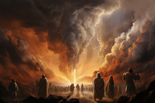 A steadfast illustration of Moses leading the Israelites through the wilderness, with a pillar of cloud and fire guiding their way Generative AI