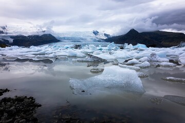 Beautiful landscape view of the Solheimajokull glacier and icebergs in Iceland