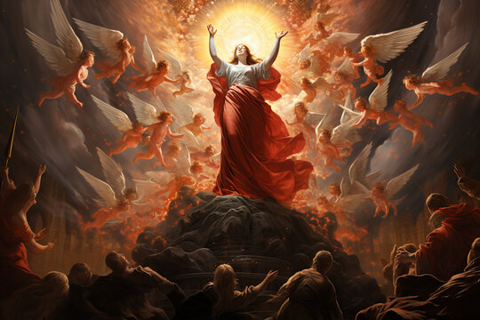 A majestic image of Mary crowned as the Queen of Heaven, surrounded by angels and heavenly glory Generative AI