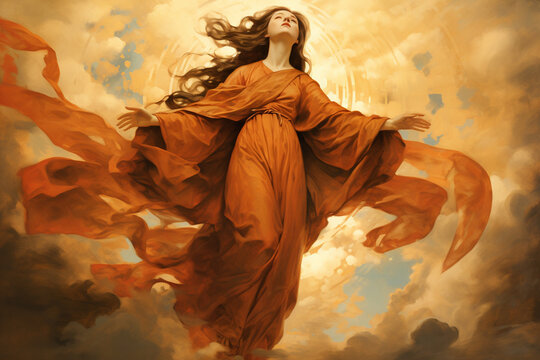 A solemn depiction of Mary's assumption into heaven, ascending to be with her son and God Generative AI