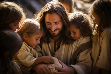 A heartwarming portrayal of Jesus with children gathered around him, embracing them with warmth and tenderness Generative AI