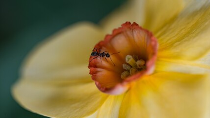 Closeup of a bee perched on the top of a yellow daffodil flower