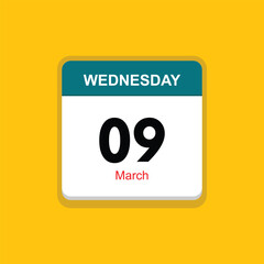 march 09 wednesday icon with yellow background, calender icon