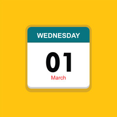 march 01 wednesday icon with yellow background, calender icon