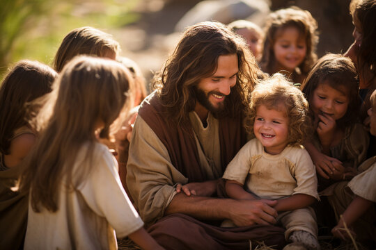 A heartwarming portrayal of Jesus with children gathered around him, embracing them with warmth and tenderness Generative AI