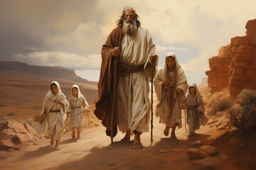A serene image of Abraham leading his family on a journey of faith and obedience, guided by divine providence Generative AI - obrazy, fototapety, plakaty