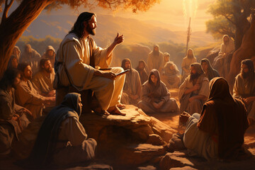 A vibrant picture of Abraham sharing his faith and teachings with a diverse group of followers, unifying hearts and minds Generative AI
