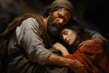 A tender portrayal of Abraham embracing his wife Sarah, symbolizing their enduring love and partnership Generative AI