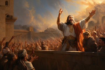 A jubilant artwork of King David leading the Ark of the Covenant into Jerusalem, celebrating God's presence Generative AI