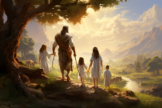 A serene image of Abraham leading his family on a journey of faith and obedience, guided by divine providence Generative AI