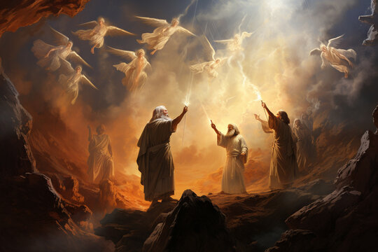 A captivating illustration of Abraham's encounter with the angels, symbolizing his celestial connections Generative AI