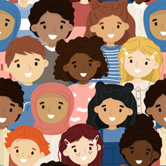 Seamless pattern with a multiethnic group of children.