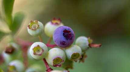 Closeup shot of blueberries growing on the branches of a tree.