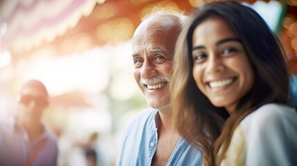 Fototapeta premium father and daugther or love between cultures and age difference, elderly caucasian man with gray hair and wrinkles and light sunburn with reddish skin together with multiracial woman