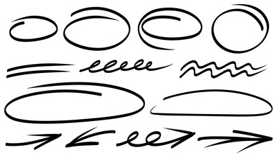 Highlight felt oval frames, arrows, hand drawn lines. Handdrawn marker underlines scribble doodle circle set. Ovals and ellipses line template. Stock vector illustration isolated on white background.