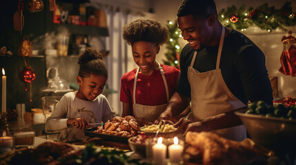 Family Preparing Christmas Dinner: A heartwarming photo of an African Black family coming together in the kitchen