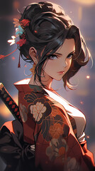 Hand-drawn cartoon beautiful illustration of japanese anime warrior girl in kimono
