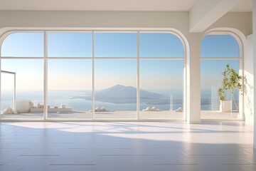 Clean and calm yoga studio with beautiful nature view. Interior design. Generative AI