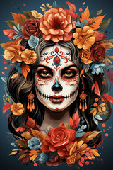 La Catrina dia de muertos Figur mit Maske / Make-up. Dekoriert mit Blumen. Tag der Toten in Mexico. Hochkant. Hochformat. Generative Ai.